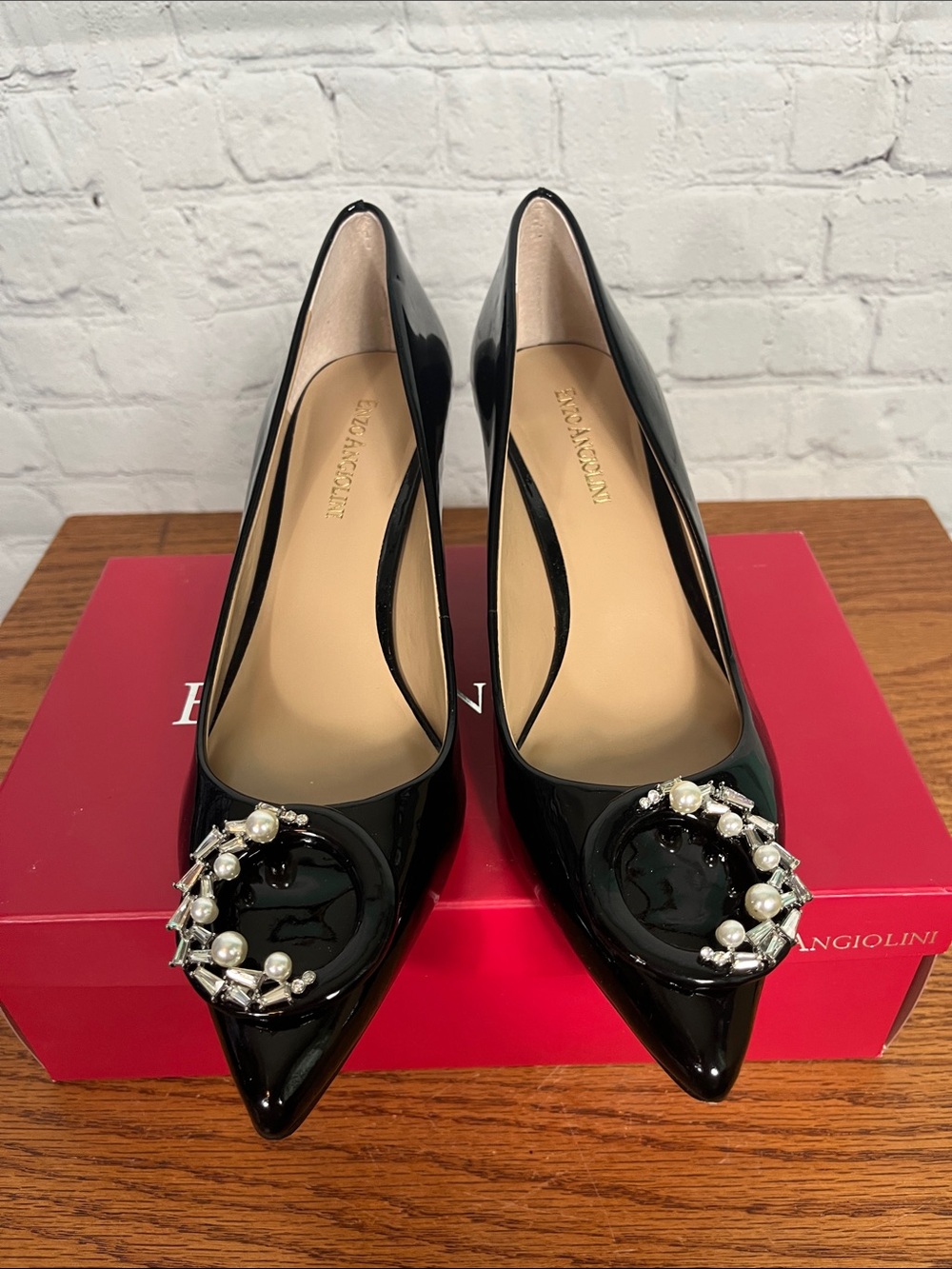 Enzo Angiolini Black Patent 3” Heels w/ pearls & rhinestones 8.5 M like new